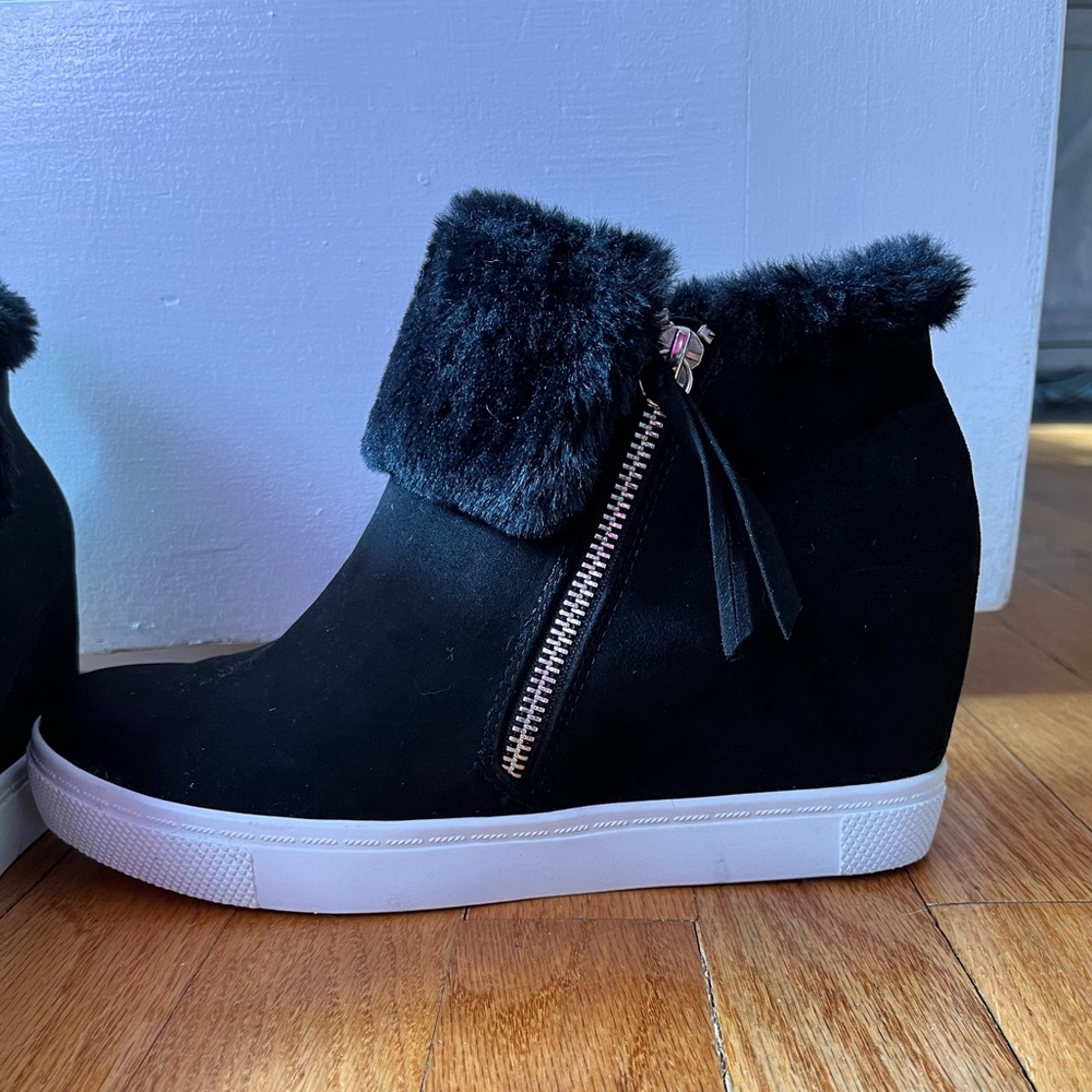Black suede wedge booties